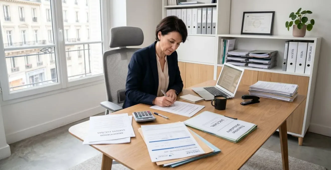 Bureau d'expert-comptable avec documents administratifs sur les statuts d'indépendant et calculatrice dans un environnement professionnel contemporain
