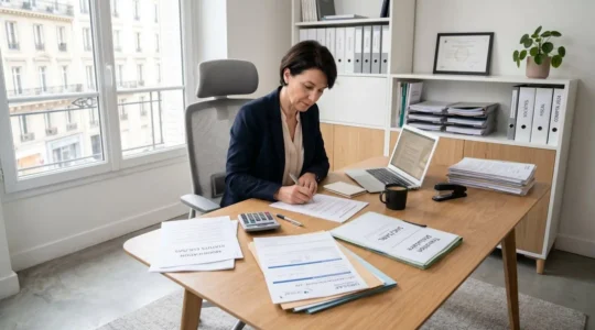 Bureau d'expert-comptable avec documents administratifs sur les statuts d'indépendant et calculatrice dans un environnement professionnel contemporain