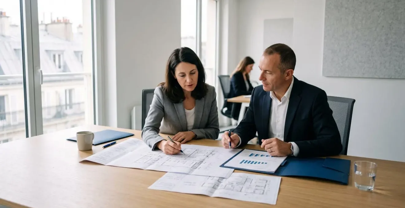 Consultant et dirigeant d'entreprise analysant des documents de financement industriel dans un bureau moderne