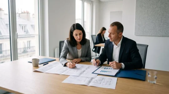 Consultant et dirigeant d'entreprise analysant des documents de financement industriel dans un bureau moderne