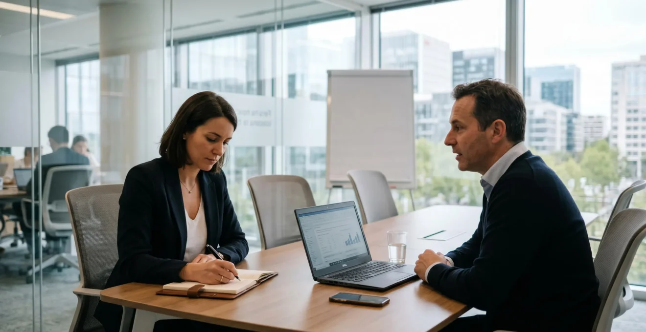 Consultant indépendant en mission chez un client, travaillant sur ordinateur portable dans un environnement professionnel