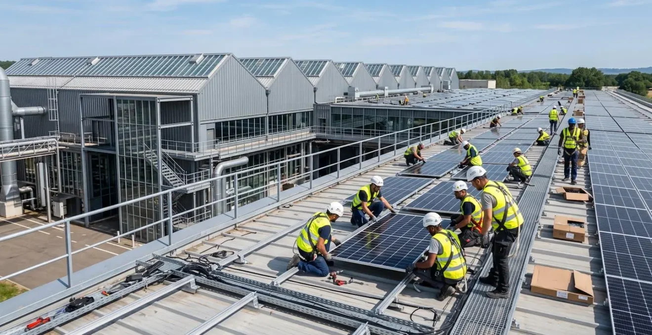 Ouvriers installant des panneaux solaires sur le toit d'une usine française moderne