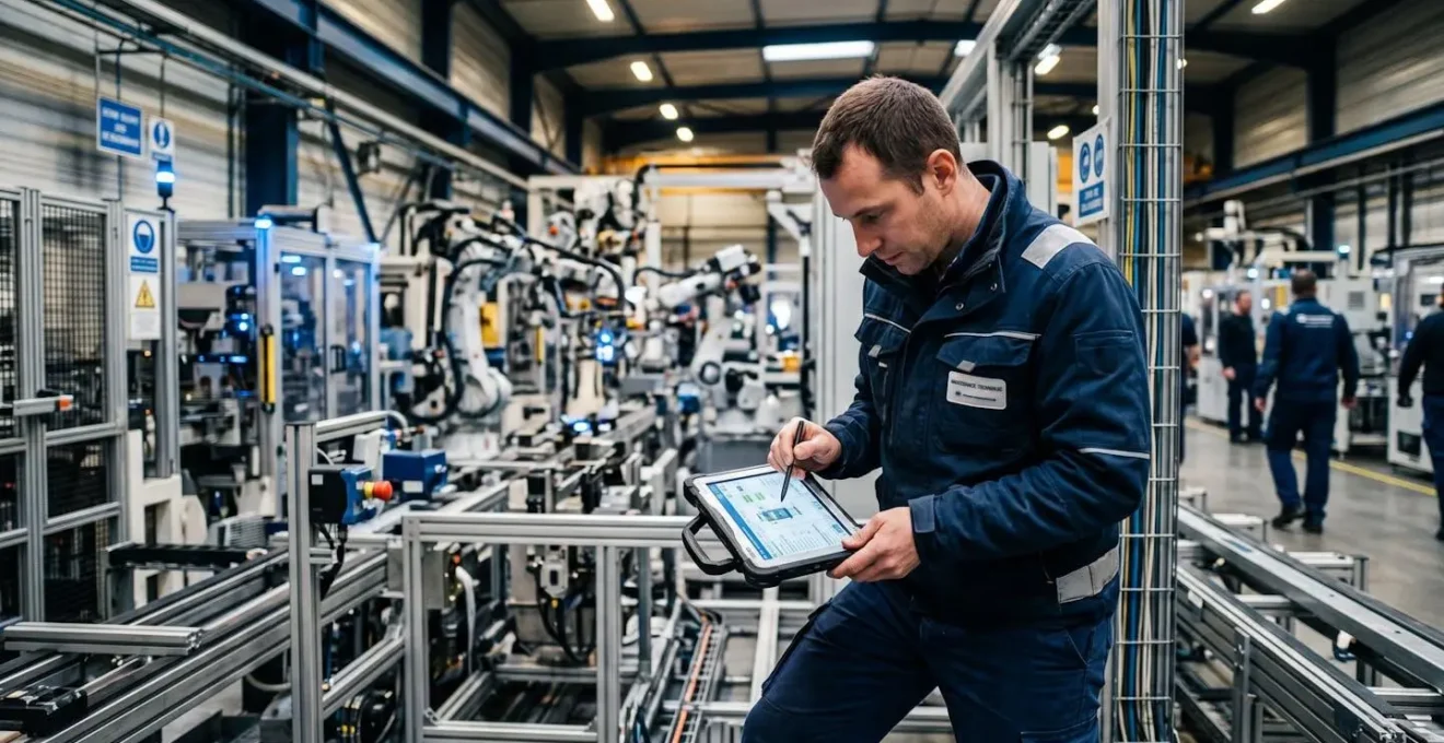 Technicien contrôlant une installation industrielle moderne avec tablette numérique dans une usine française